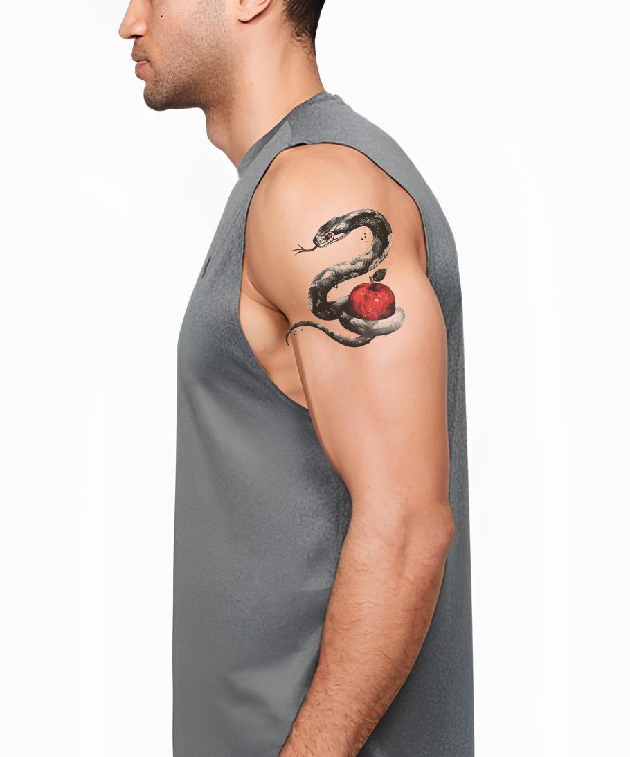 Evil Temptation Snake and Red Apple Tattoo Design