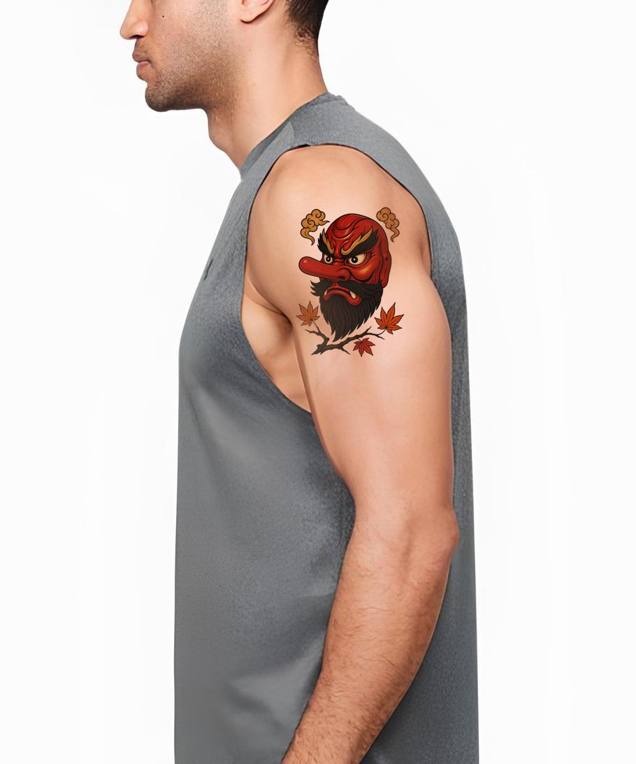Tengu Mask with Maple Tattoo Illustration