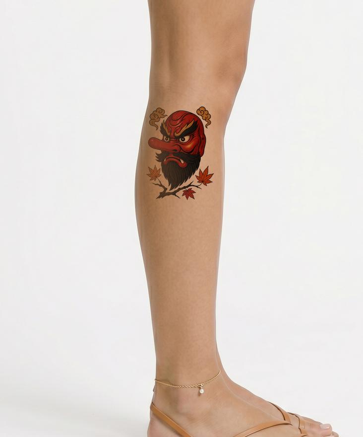 Tengu Mask with Maple Tattoo Illustration