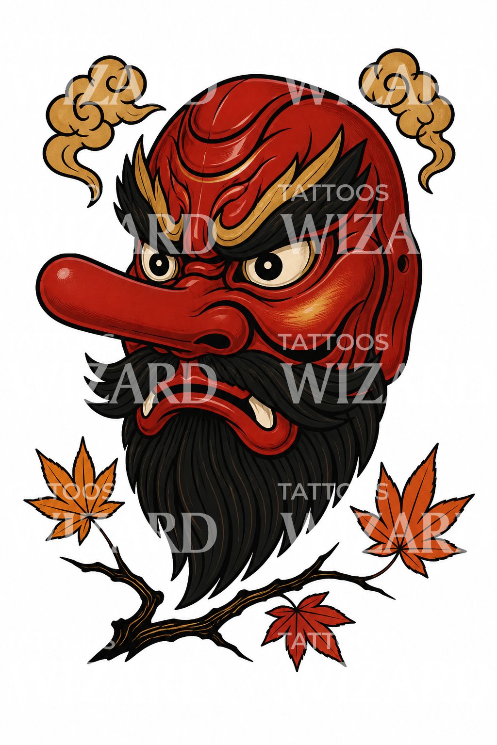 Tengu Mask with Maple Tattoo Illustration