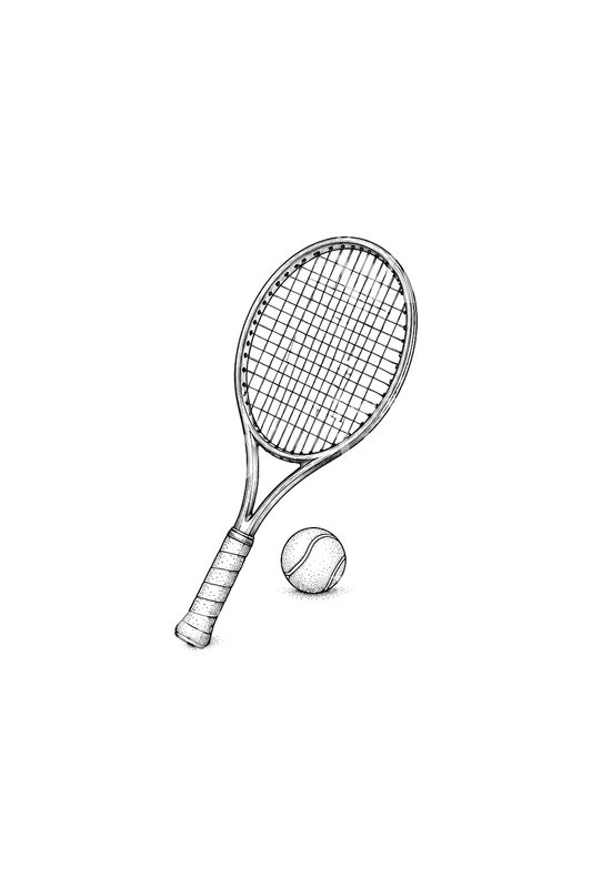 Tennisracket och boll, fine line-tatuering