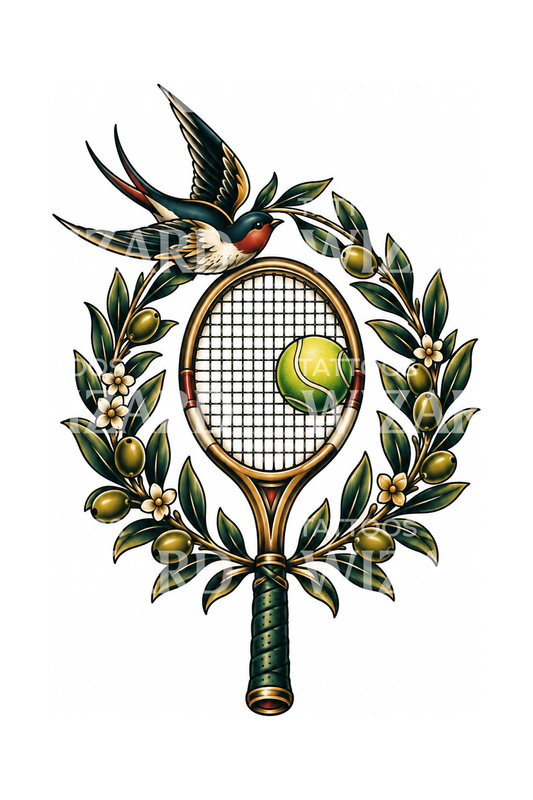 Tatouage raquette de tennis, couronne d’olivier et hirondelle