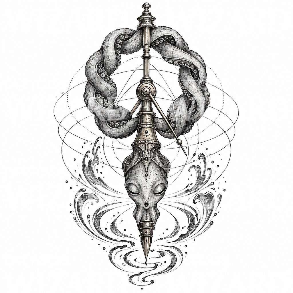 Ilustração de tatuagem de caveira com tentáculos