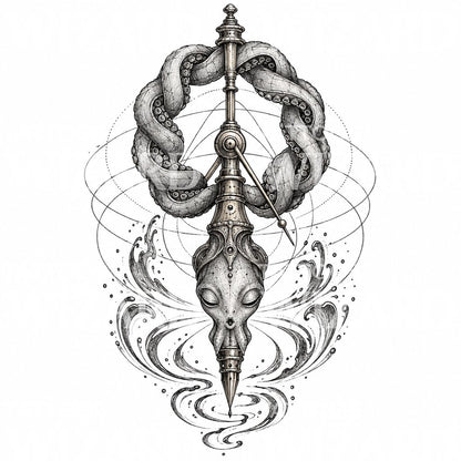Ilustração de tatuagem de caveira com tentáculos