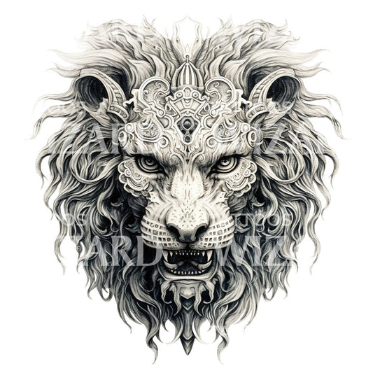Conception de tatouage de tête de lion fort noir et gris