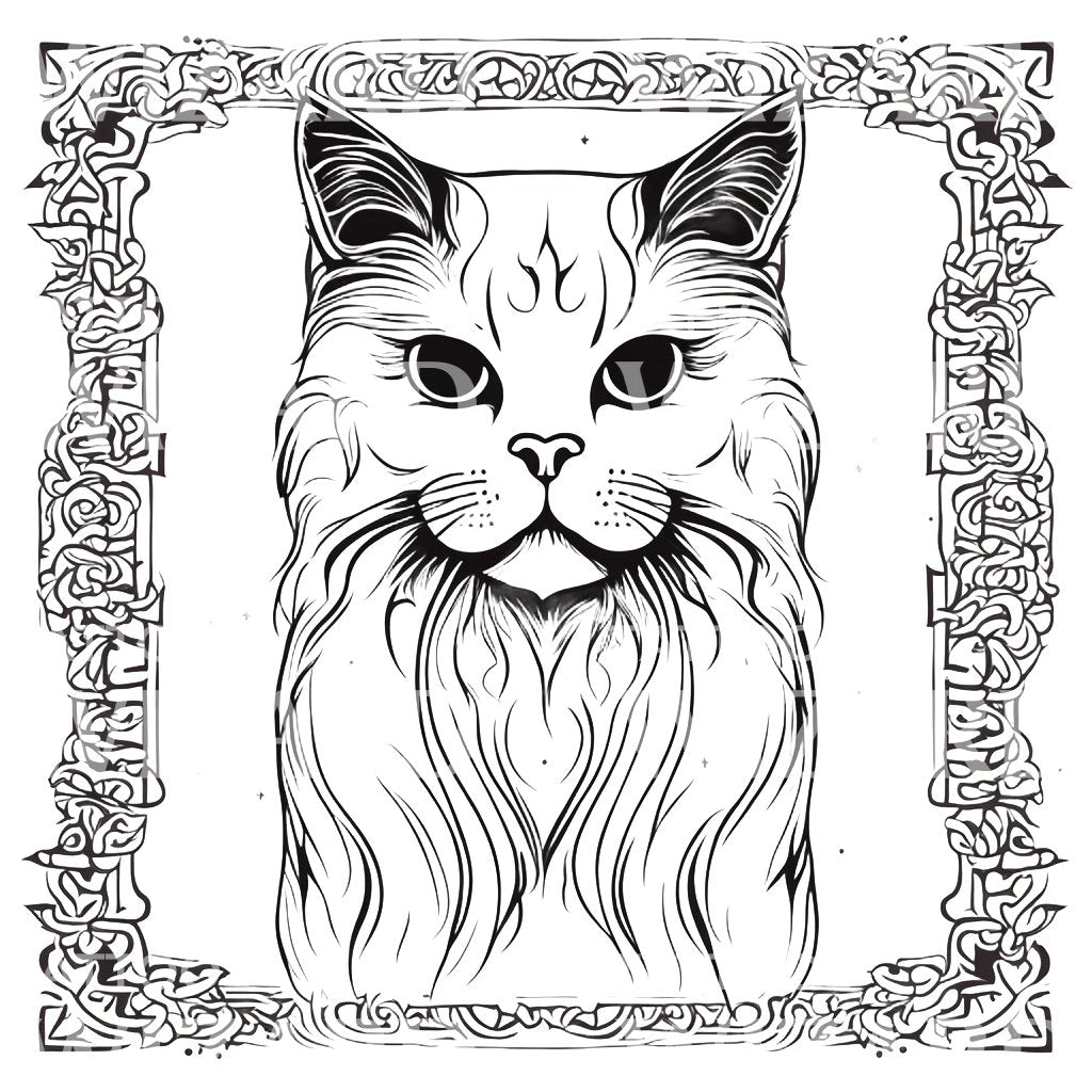 Persian Cat Head with Patterns Tattoo Design