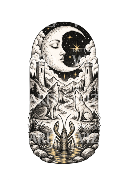 Návrh tetování karty Tarotu Měsíc ve skice