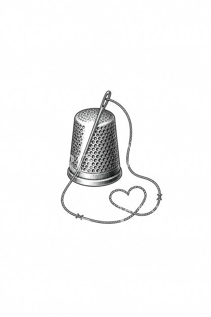 Tattoo-Design mit Fingerhut und Fadenherz