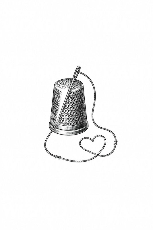 Design per tatuaggio cuore con ditale e filo