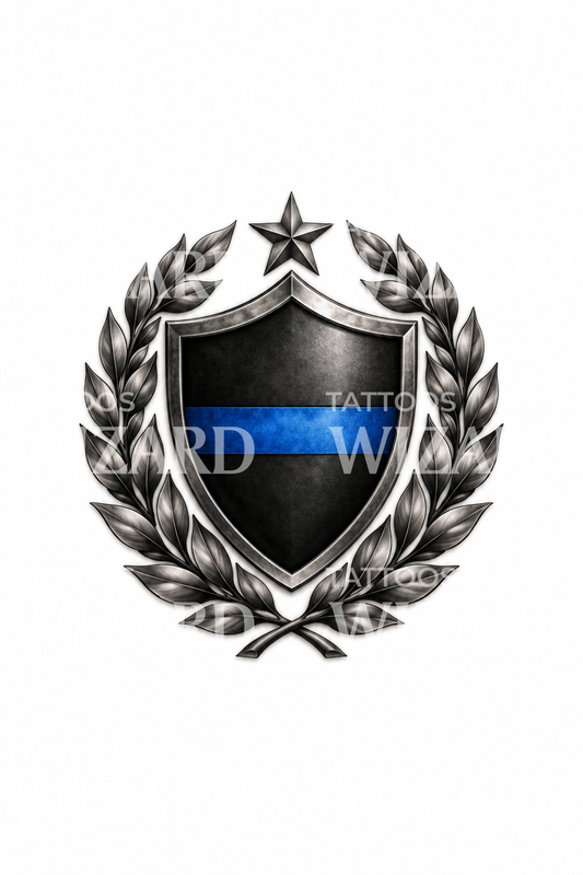 Tattoo-Design mit Schild, dünner blauer Linie und Lorbeer