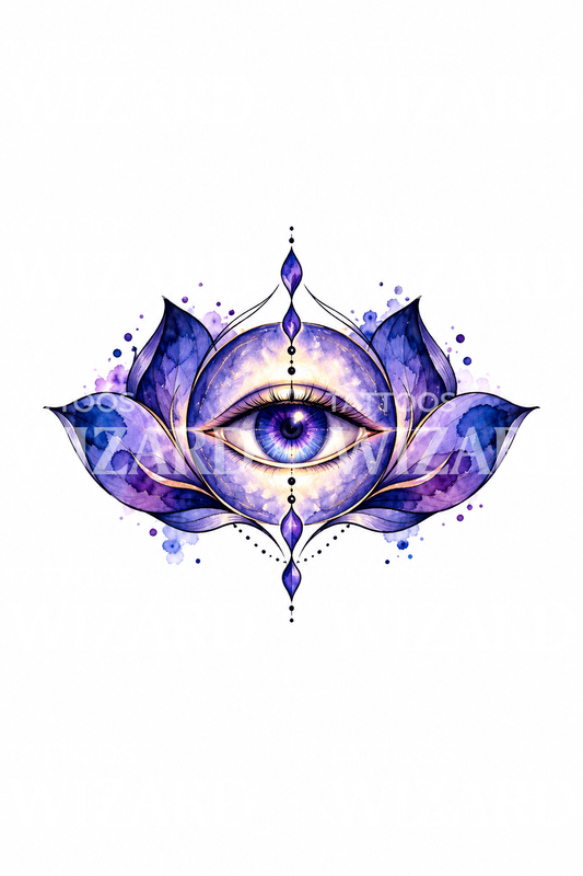 Watercolor tattoo van de derde-oogchakra met lotus