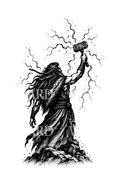 Tetoválás Thor felemelt Mjölnir-kalapácsával, viking motívummal