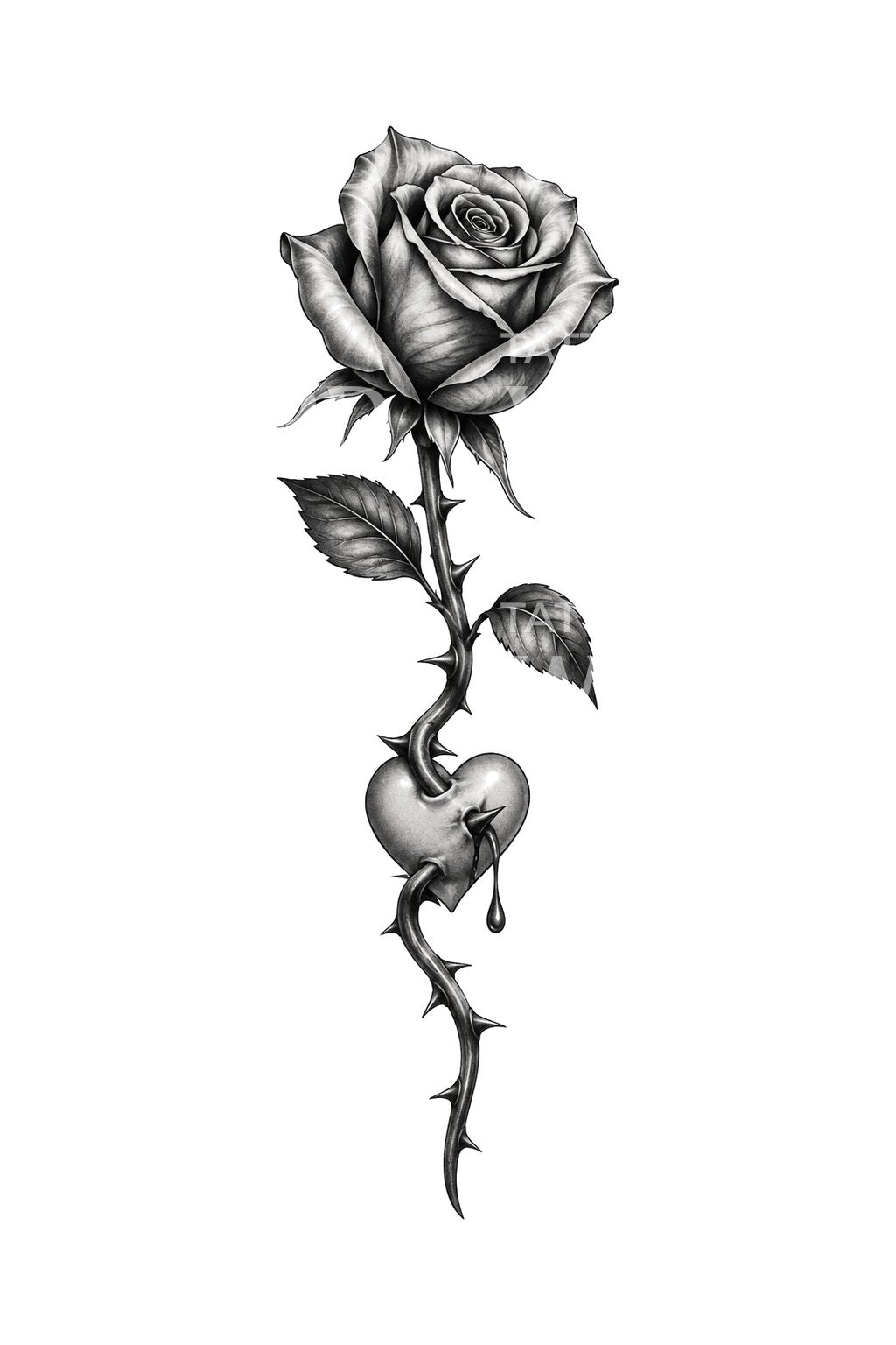 Tattoo-ontwerp van een doornige roos die een hart doorboort