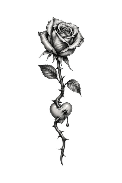 Tattoo-ontwerp van een doornige roos die een hart doorboort