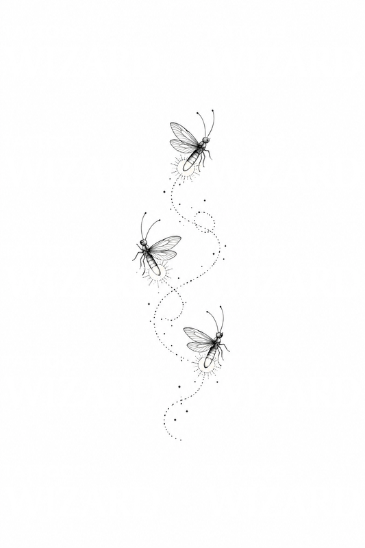 Three Fireflies with Glowing Dotted Trails Fine Line Tattoo