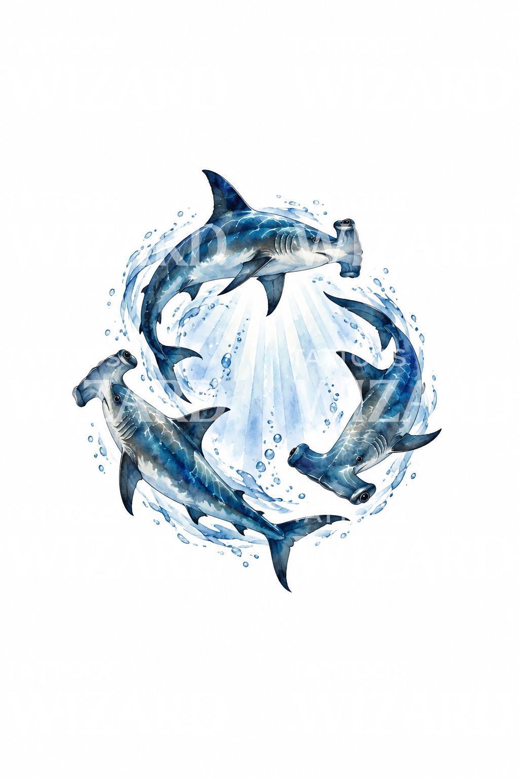 Trois requins-marteaux tournant dans l’eau, tatouage aquarelle