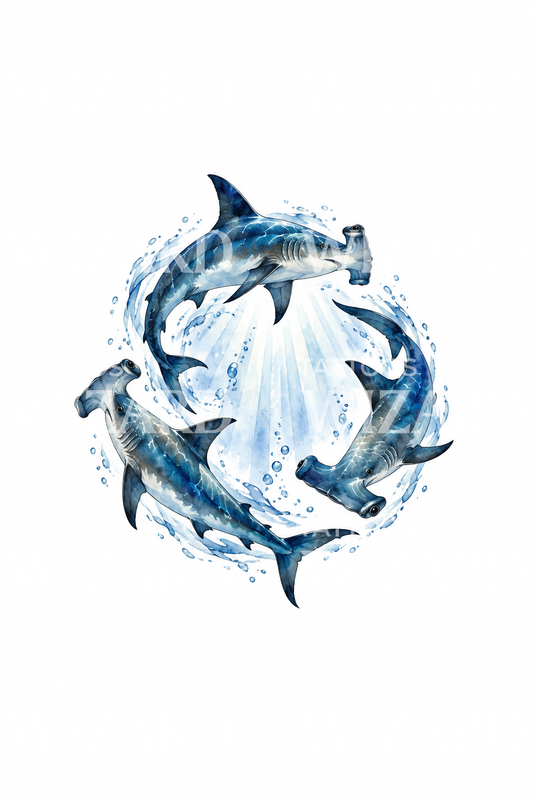 Trois requins-marteaux tournant dans l’eau, tatouage aquarelle