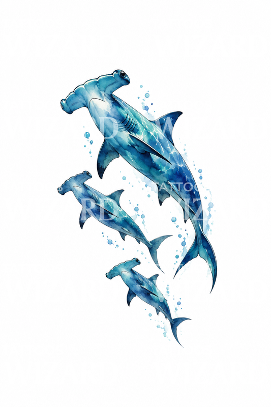 Three Hammerhead Sharks Watercolor Tattoo