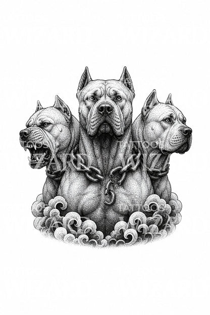Three Headed Hound Dotwork Tattoo Design