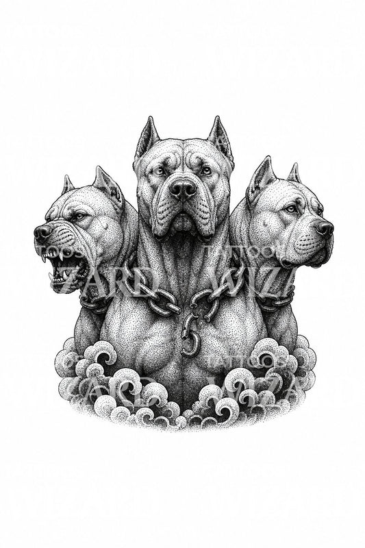 Dotwork tattoo-ontwerp van een driekoppige hond