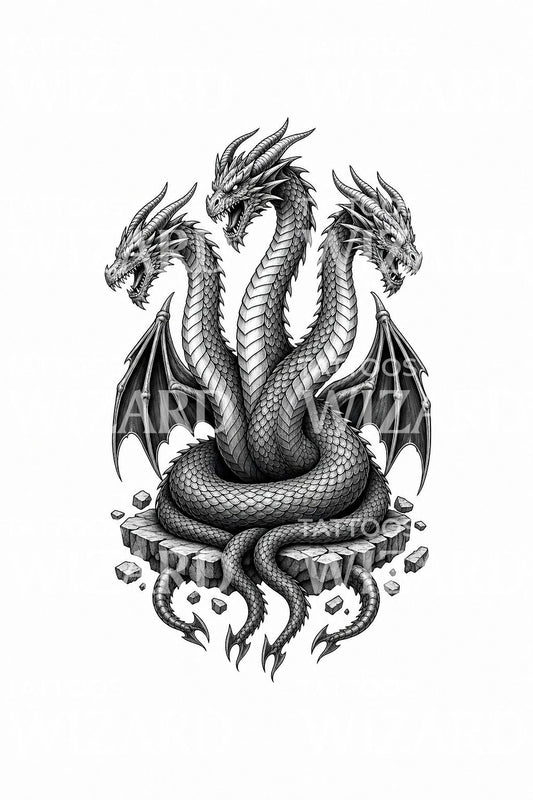 Tattoo-idee met driekoppige wyrm draak