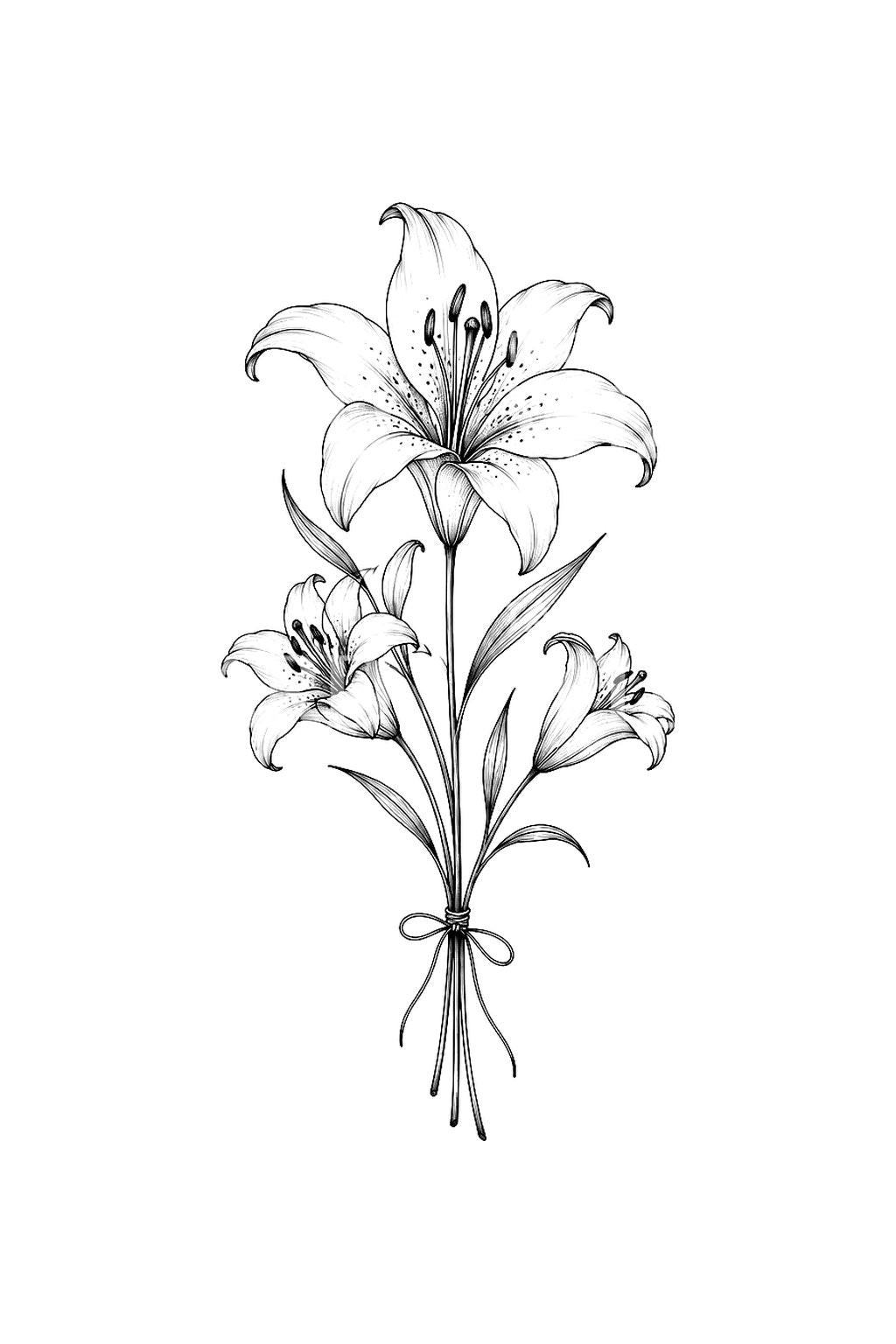 Drie lelies verbonden met draad, fine-line-tatoeage-idee