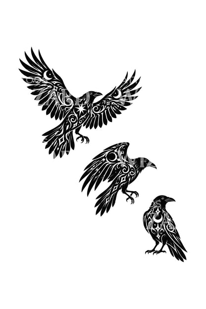 Three Ravens in Descending Flight Tattoo Design
