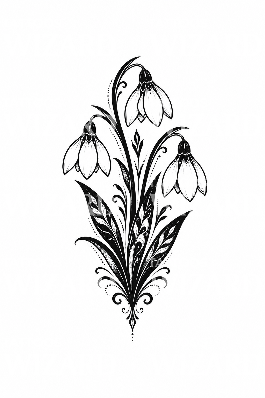 Kolme lumikelloa rohkeana blackwork-tatuointina