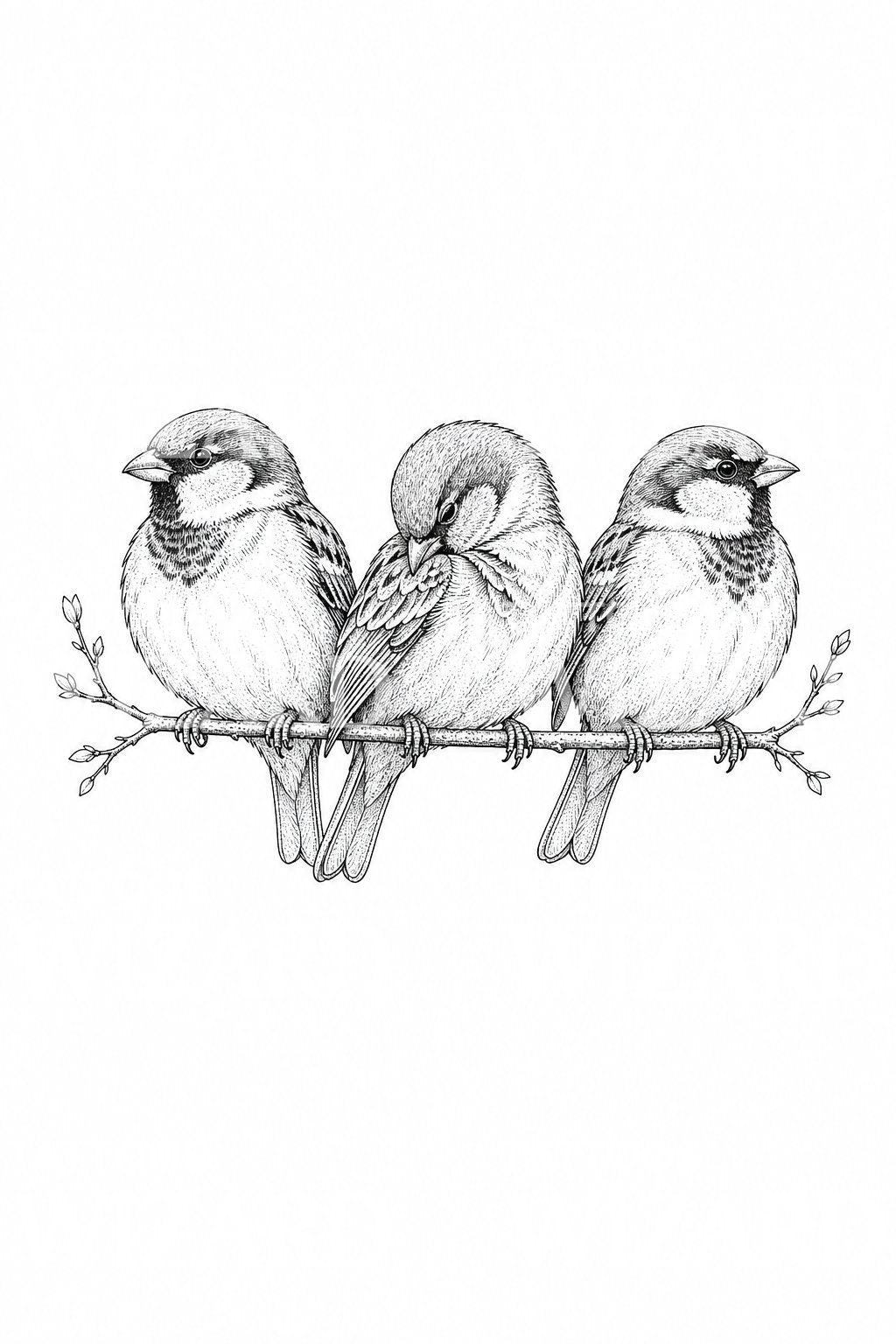 Three Sparrows on a Branch Tattoo Design