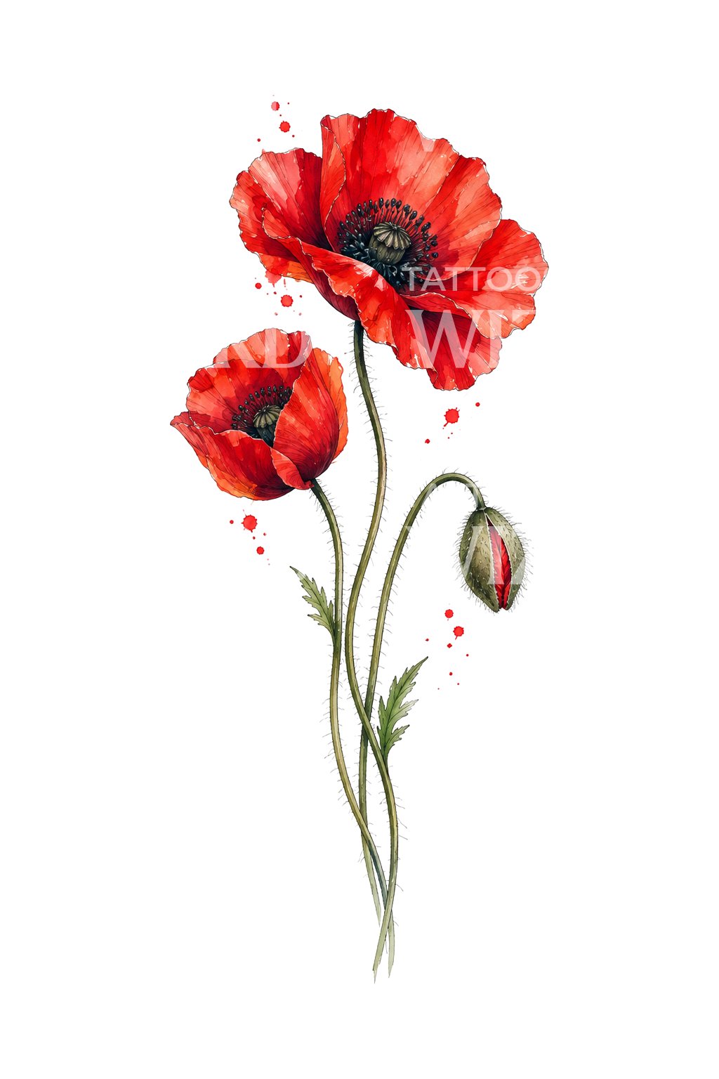 Tatouage aquarelle de trois coquelicots rouges ondoyants