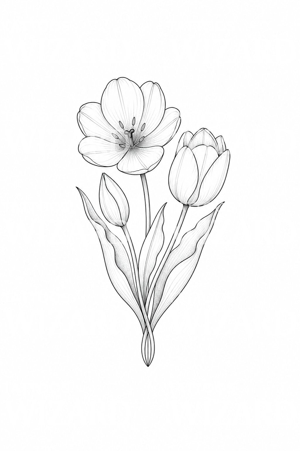 Ilustração de tatuagem fine line de três tulipas