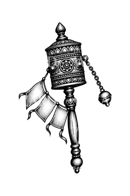 Rueda de oración tibetana con banderas, tatuaje dotwork