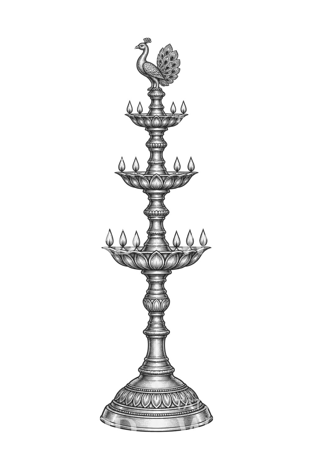 Schodkowa mosiężna lampa świątynna z pawiem jako wzór tatuażu