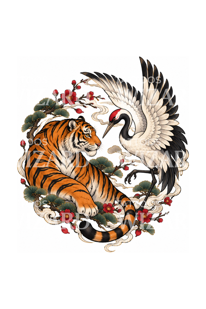 平衡虎鹤纹身设计