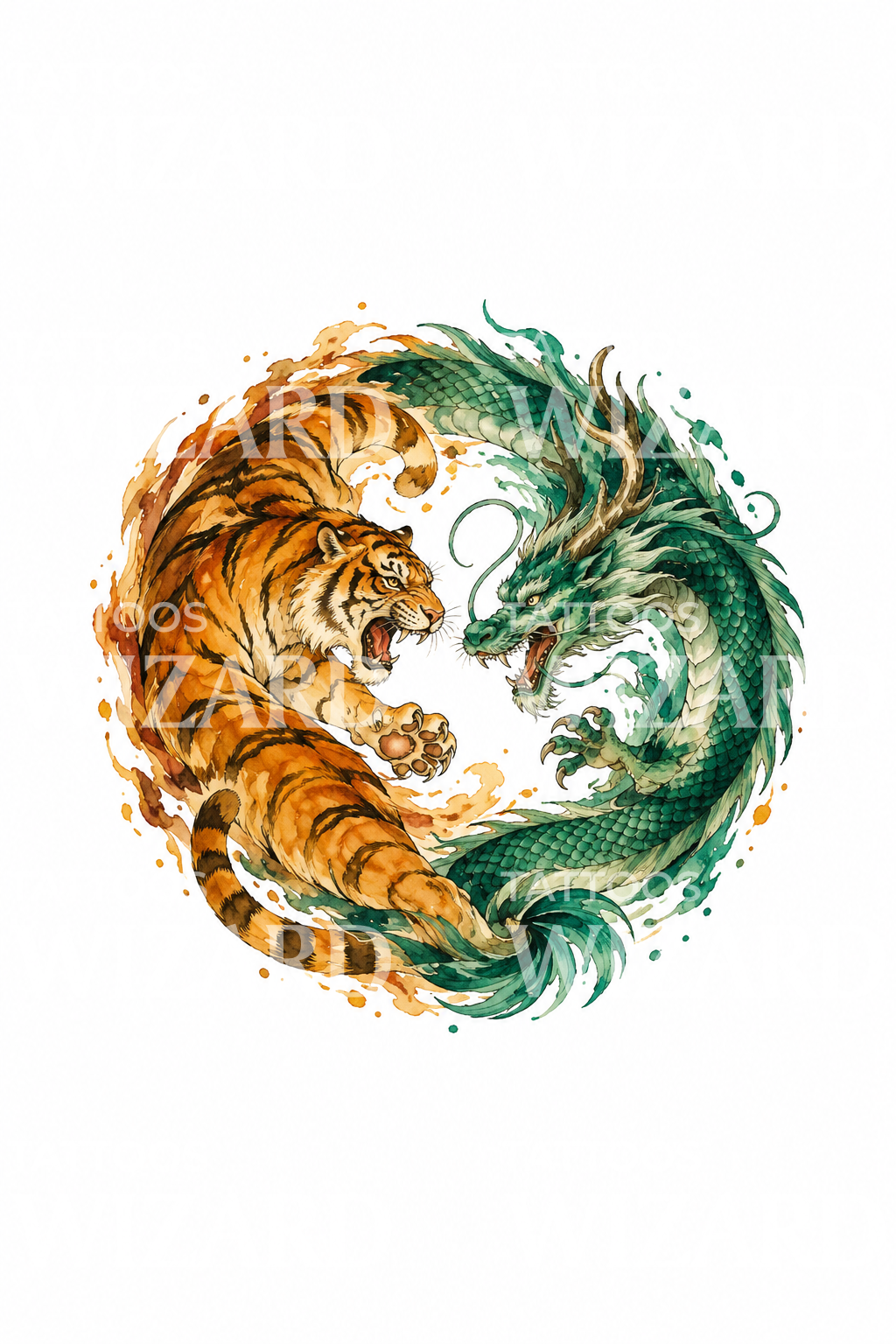 Ilustração de tatuagem yin-yang de tigre e dragão