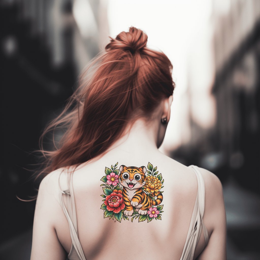 Playful Tiger Floral Tattoo Design