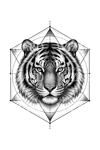 Cabeça de tigre num hexágono de geometria sagrada, tatuagem dotwork