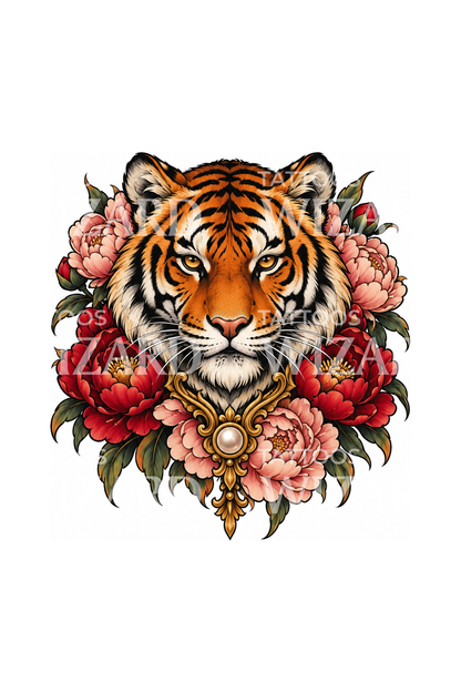 Tiger Head with Peonies and Pearl Tattoo Design