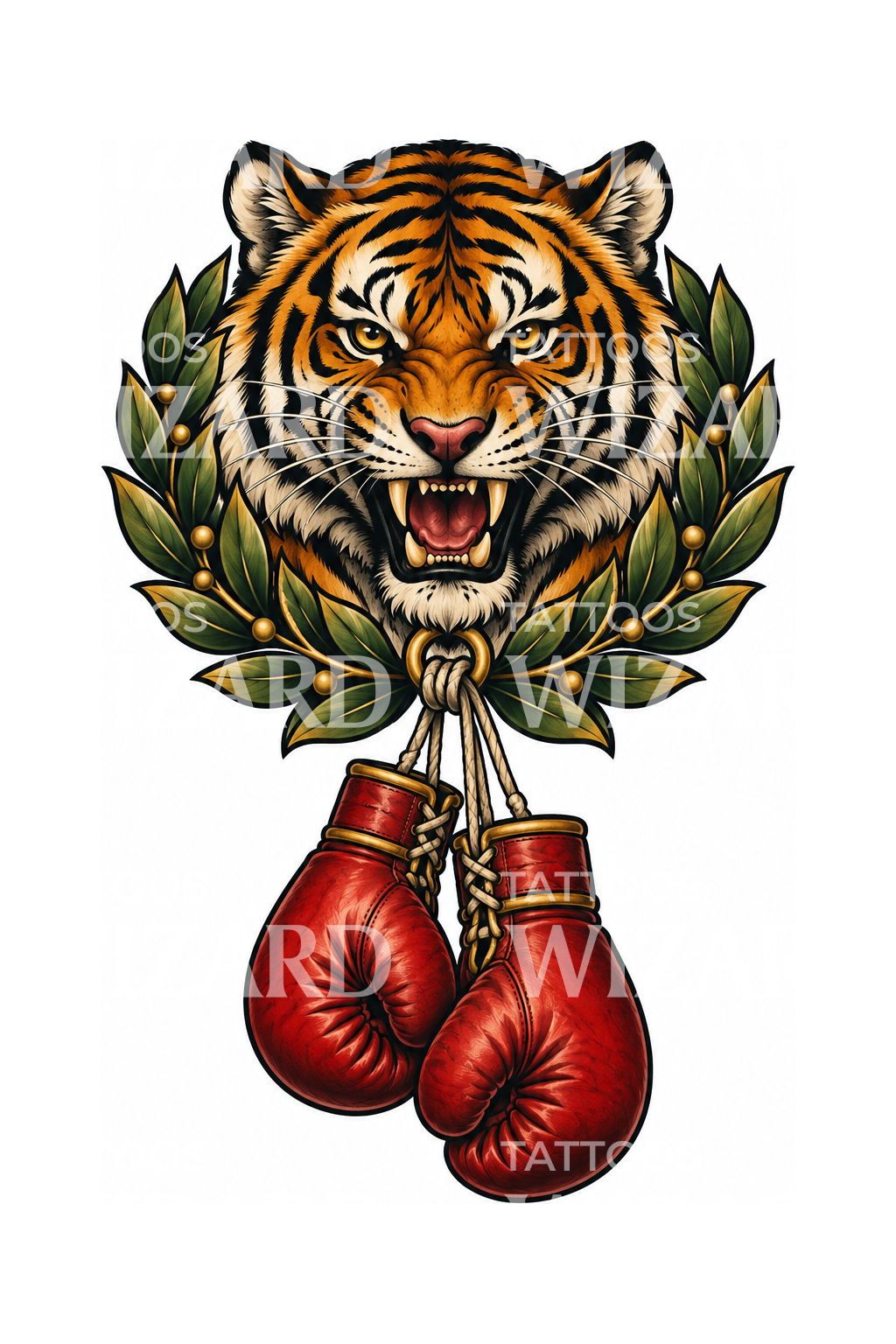 Tiger Laurel and Red Boxing Gloves Tattoo – Tattoos Wizard Designs