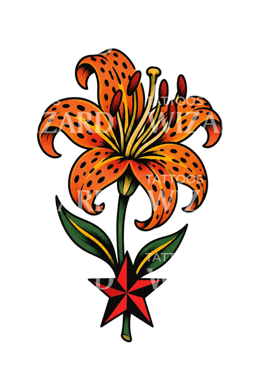 Desain Tato Lili Harimau dan Bintang Bahari