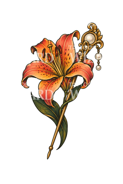 Tattoo-Design einer Tigerlilie mit goldener Perlenhaarnadel