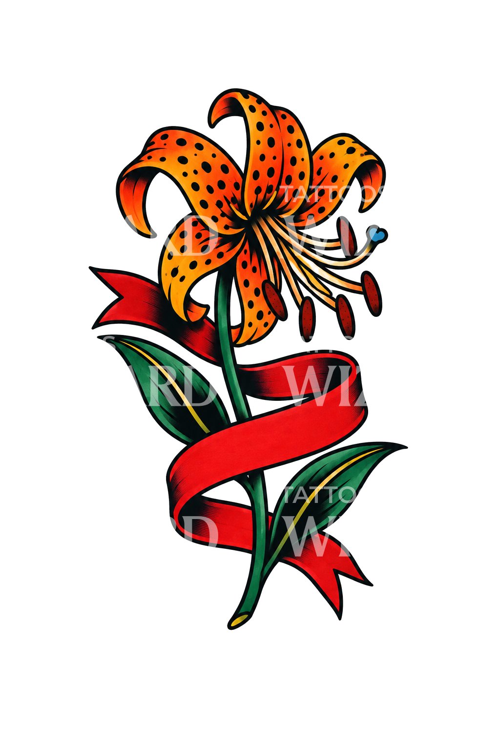 Tiger Lily with Red Ribbon Flash Tattoo Design (de)