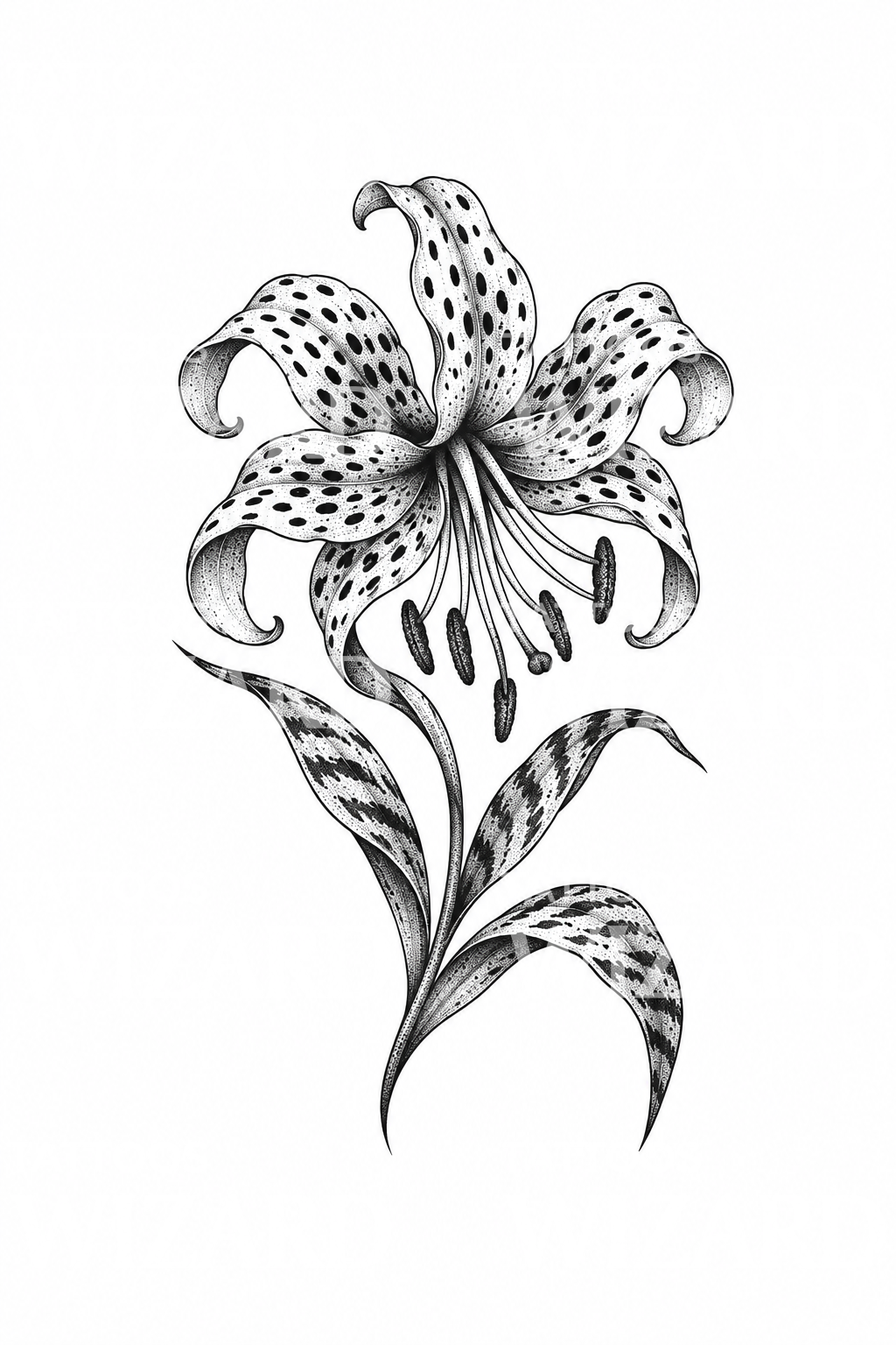 Tigerlilje med stribede blade, dotwork-tatoveringsdesign