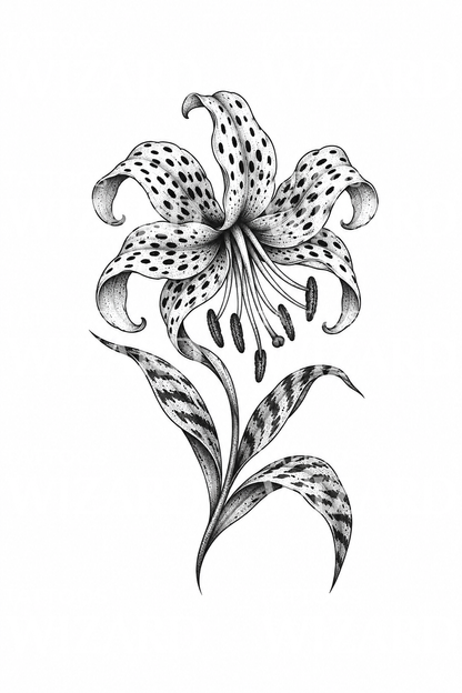 Tigerlilje med stribede blade, dotwork-tatoveringsdesign