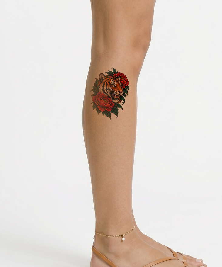 Roaring Tiger with Red Peonies Tattoo Design