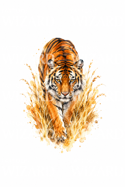 Diseño de tatuaje de tigre entre hierba dorada