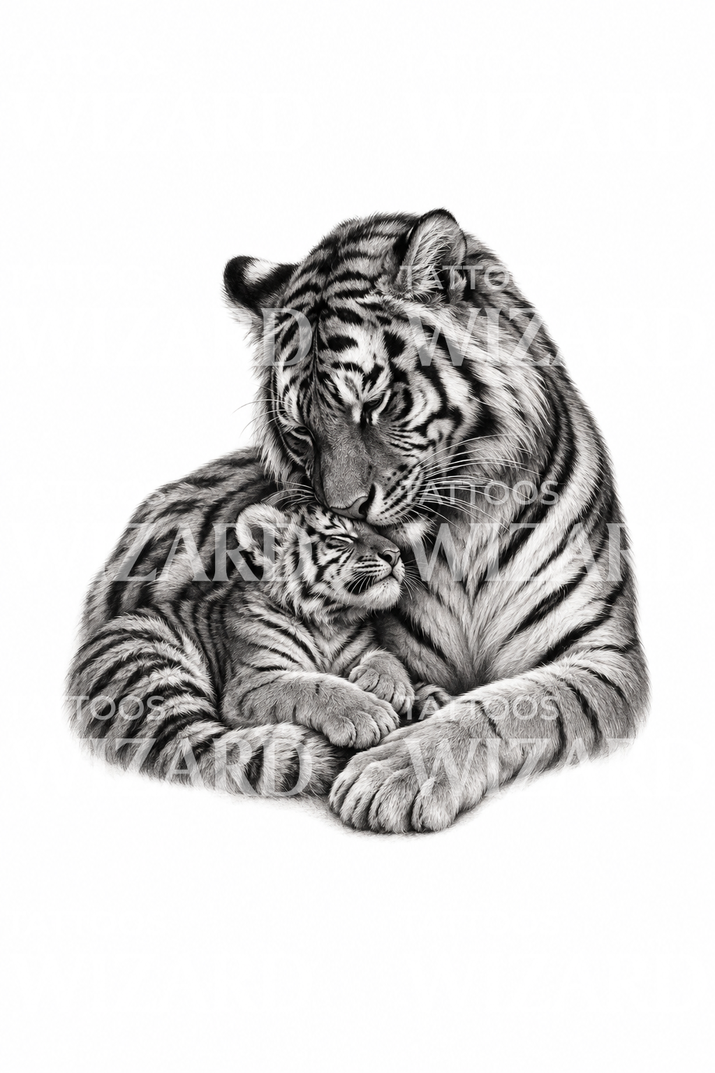 Tigermor som koser med ungen sin, tatoveringsdesign