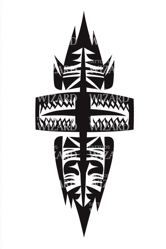 Tiki Crest Tribal Cross Tattoo Design