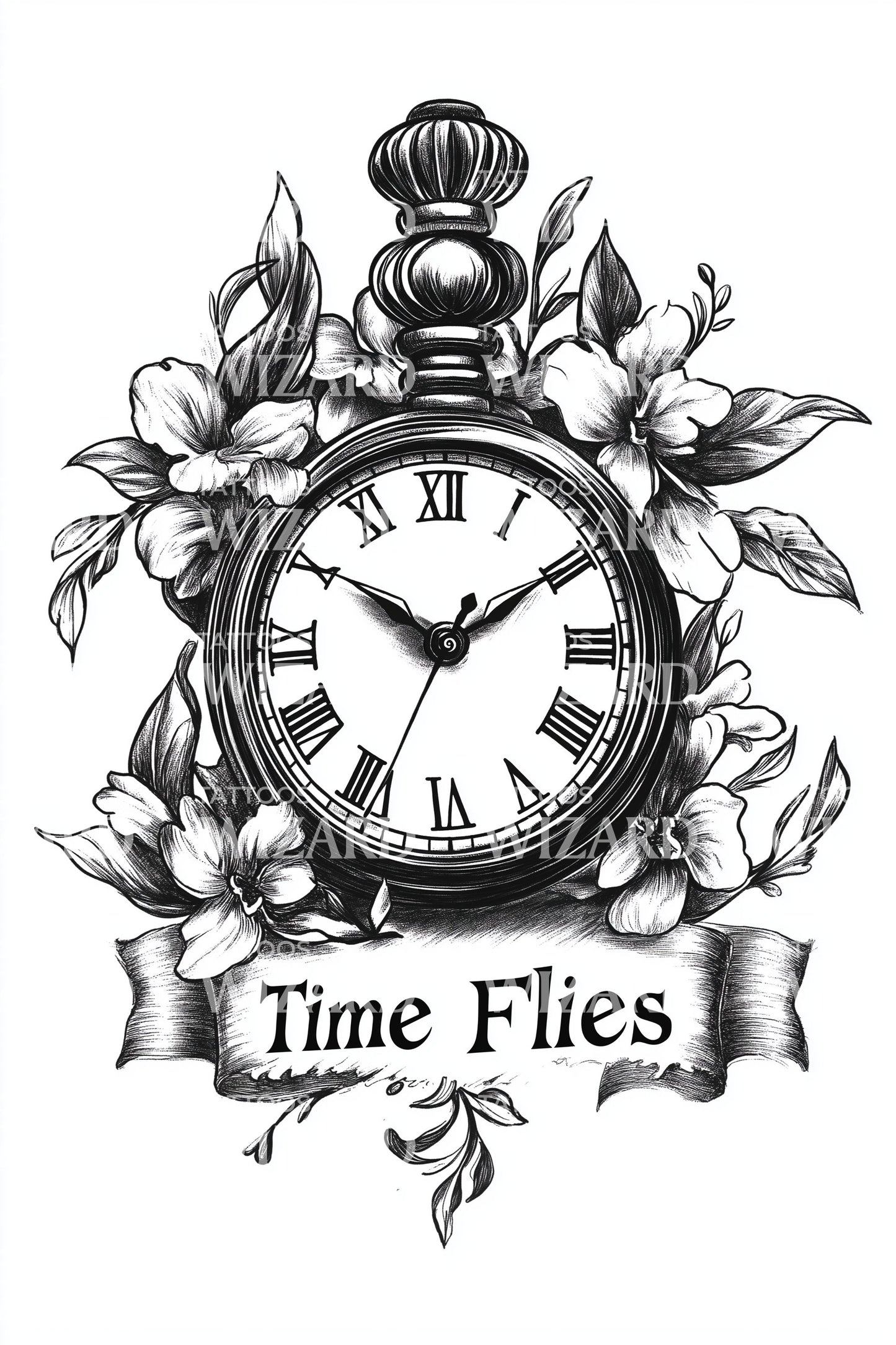 Time Flies Jasmine Watch Tattoo Design