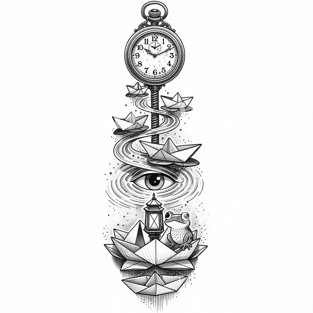 Time River Origami Tattoo Design